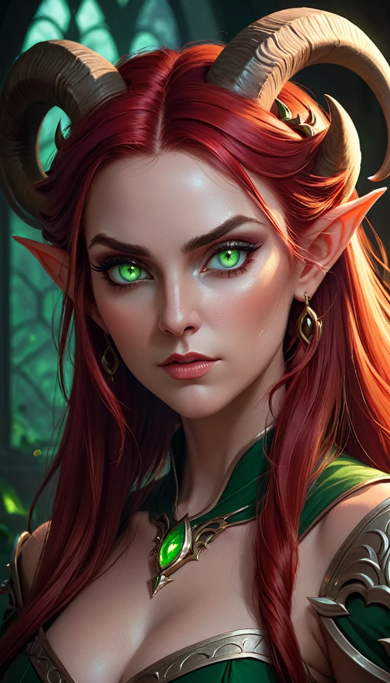 studio portrait of female demon, long red hair, ram horns, green eye, d&d, rpg, forgotten realms, artstation trending, high quality, sombre mood, artstation trending, , fantasy, extremely detailed, digital painting, artstation, concept art, smooth, sharp focus, illustration, stunning lighting, art by artgerm and greg rutkowski, curvy woman, mature woman, beautiful face, harmonic face, best quality, amazing expressive eyes, fantasy character, beautiful and elegant elf queen, unreal motor render, grumpy lighting, glow, bright, mysterious, mystical, magical, rim lighting, vibrant