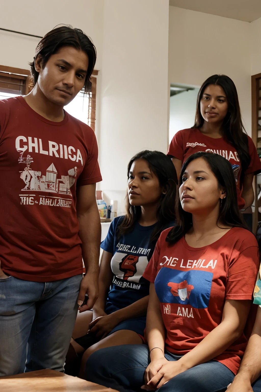 Four friends watching television , Two of them are indigenous, a woman and a man with a Peruvian shirt., accompanied by a Chilean man and woman wearing Chile t-shirts