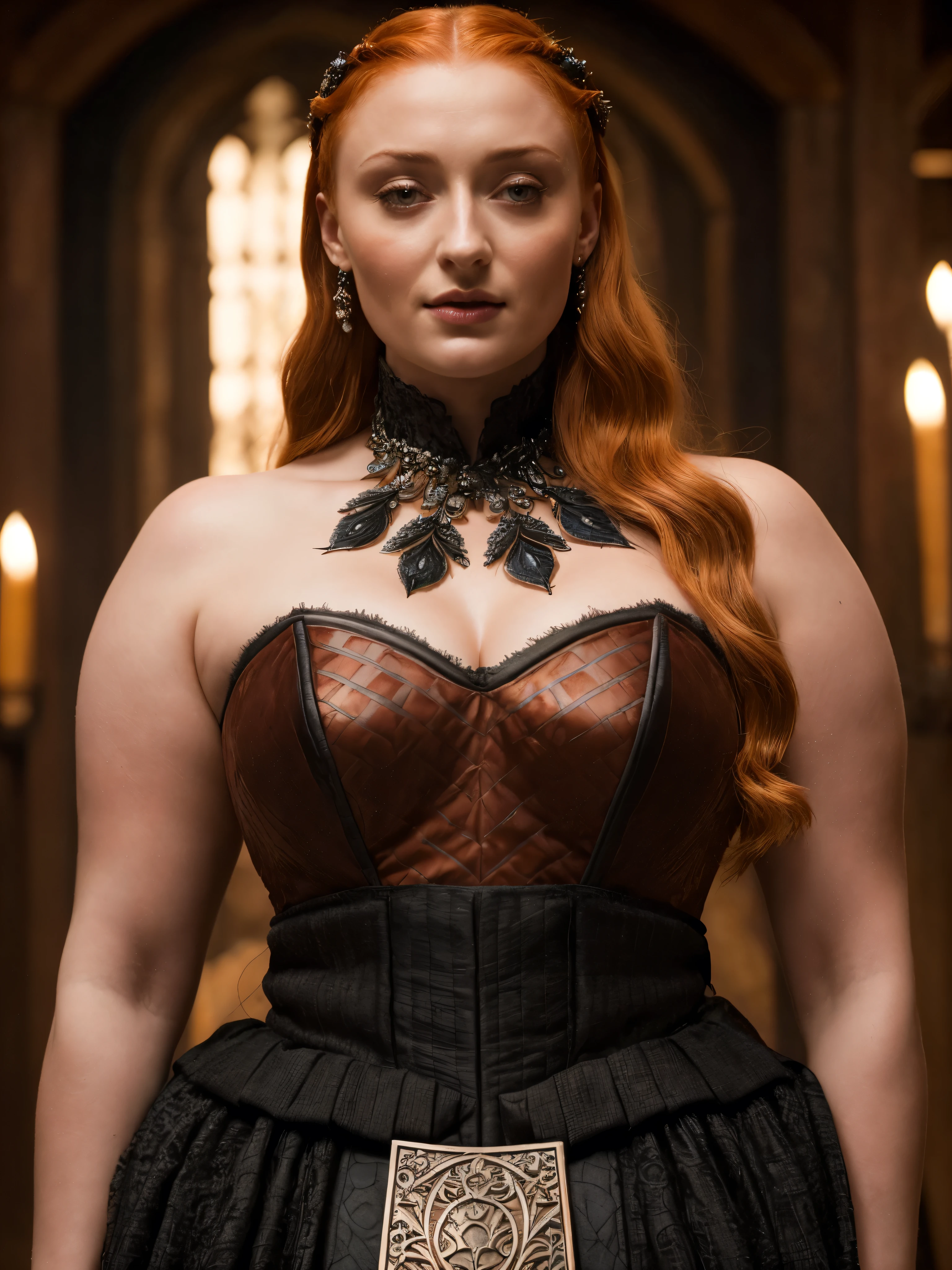 Face of Sophie Turner, Sansa Stark played by Sophie Turner, the de facto Lady of the Eyrie, is a 40-year-old mature queen with a stunning, alluring appearance. Full Face, Full figured woman, pierced eyes, reddish lips, upper body shot, erotic Mediaeval costumes, game of thrones costumes, She wears a Game of Thrones-inspired costume and has a deep cleavage, a perfect thick body, and a perfect thick figure. The photograph captures her in a close-up, with her skin texture and facial features being ultra-realistic and realistic. Juicy thick figure, high quality skin, Skin pores, amazing details, snow, snow flakes, semi realistic, extremely detailed eyes, dark moody orange and black settings, cool environment, artificial intelligence