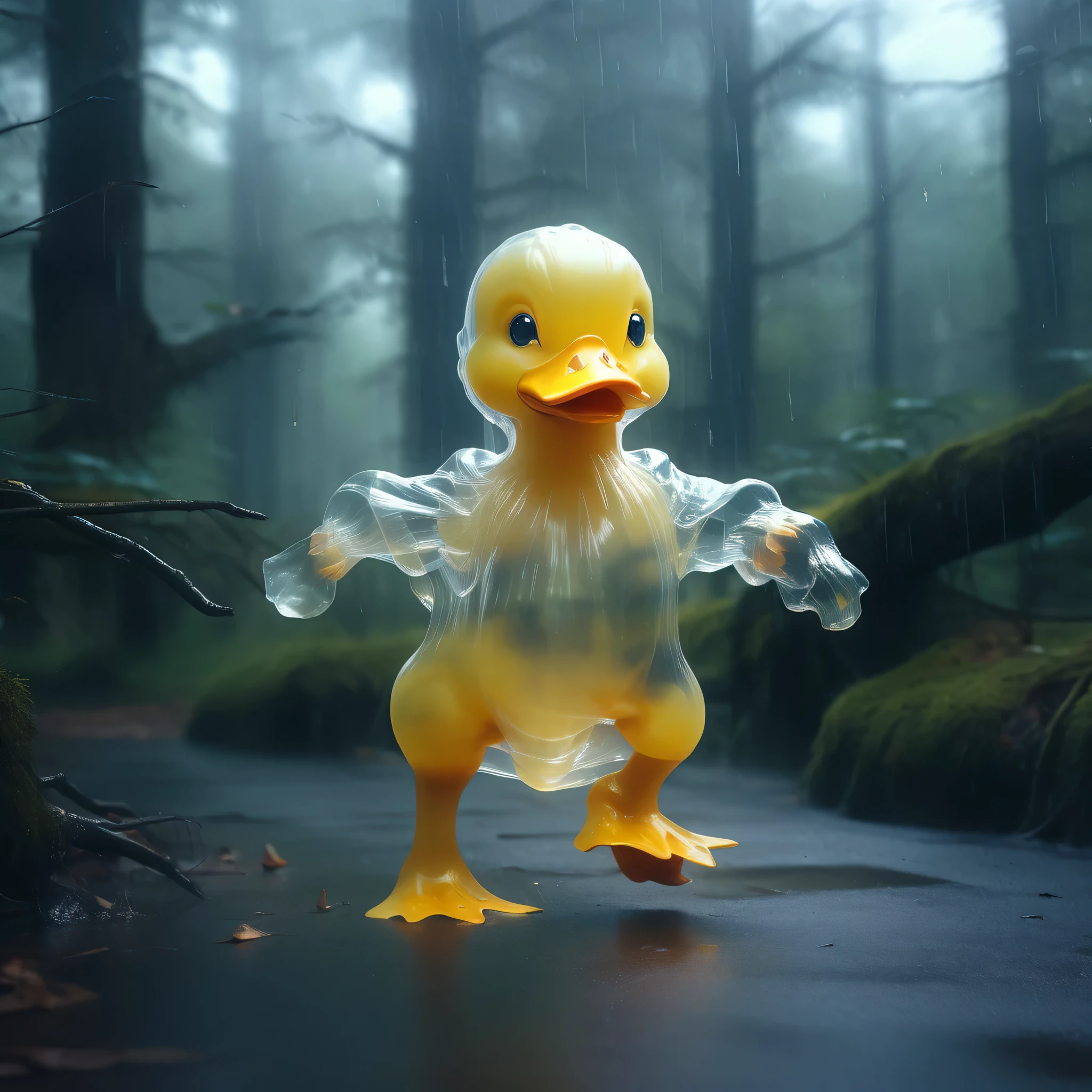 a (translucent ghost baby duck:1.1) running, forest, raining,
8k, high quality, surreal,