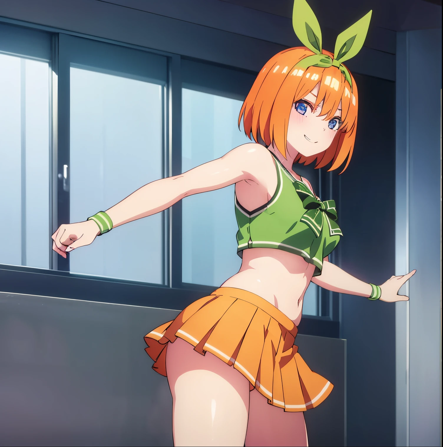 1 girl, alone, yotsuba nakano, masterpiece, detailed, cowboy photo, looking at viewer, best quality, high resolution, good lighting, dynamic posture, curvy body, short hair, orange hair, headband, green headband, headband, green bow, neckline, ((cheerleader uniform)), pompom \(cheerleading\), smile, standing, ((bare abdomen)), ((short skirt)), ((bare legs)), smile, (( 1girl)),((only)), indoor, stadium, large breasts, medium waist, wide hips, medium thighs, round butt, standing, looking back, from behind, focus on ass, point of view (from below ), perfect anatomy, perfect hands