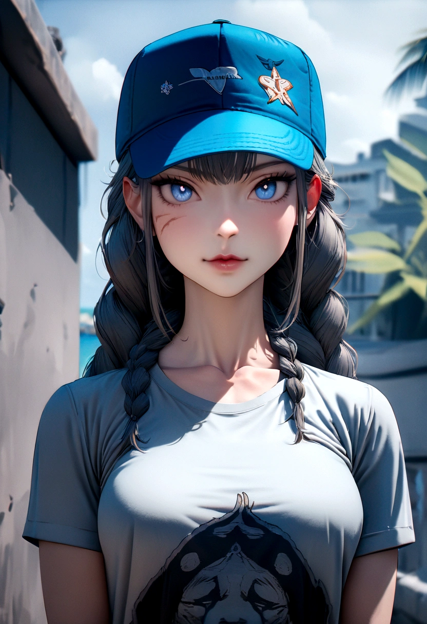 (absurdities, 8K, 4k, masterpiece, hyper extreme detailed:1.2), Alone, 1 girl, portrait, Best Quality, expressive eyes, perfect face, portrait, looking at the viewer, Alone, standing, Casual clothes, toned, by white, braided hair, wide, medium breasts, Scars, Blue eyes, very wide, military, Bermuda, White T-shirt, toned body, athletic body, muscular, friendly, calm, graphic t-shirt, medium bust, graphic t-shirt, baseball cap,