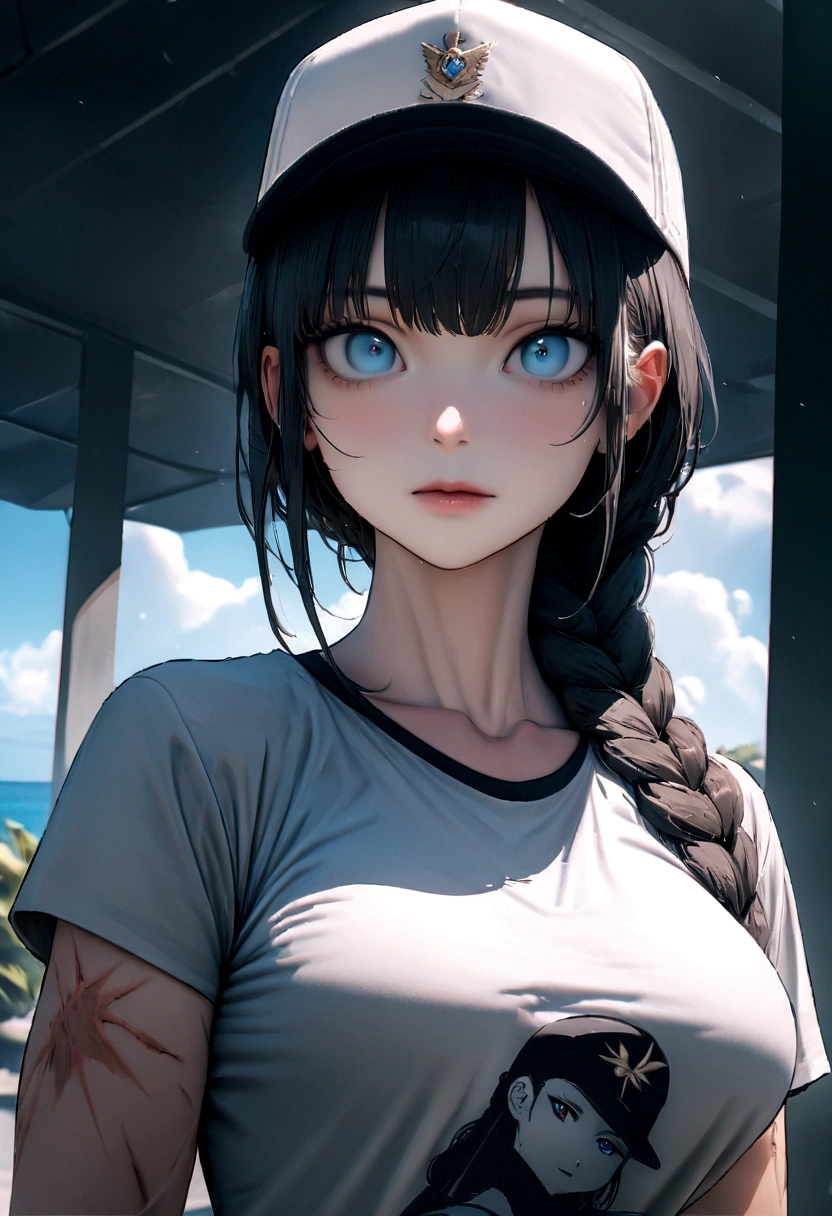 (absurdities, 8K, 4k, masterpiece, hyper extreme detailed:1.2), Alone, 1 girl, portrait, Best Quality, expressive eyes, perfect face, portrait, looking at the viewer, Alone, standing, Casual clothes, toned, by white, braided hair, wide, medium breasts, Scars, Blue eyes, very wide, military, Bermuda, White T-shirt, toned body, athletic body, muscular, friendly, calm, graphic t-shirt, medium bust, graphic t-shirt, baseball cap,