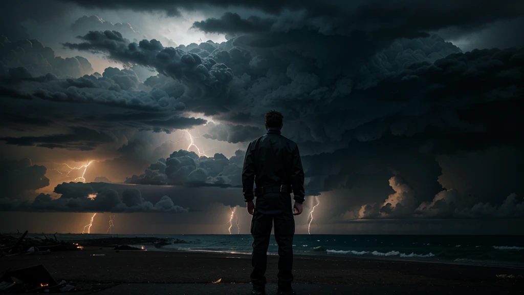 a shocking and dramatic setting. An individual is shown with his back facing a dark and stormy horizon, with threatening clouds and lightning illuminating the sky. At his feet, you can see a path full of obstacles and debris, symbolizing the challenges that stand in his way. The expression of concern on the character's face reflects the feeling of being overwhelmed by the magnitude of the challenges presented.