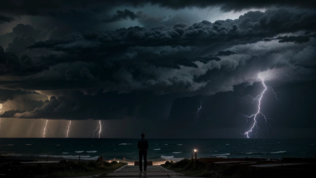 a shocking and dramatic setting. An individual is shown with his back facing a dark and stormy horizon, with threatening clouds and lightning illuminating the sky. At his feet, you can see a path full of obstacles and debris, symbolizing the challenges that stand in his way. The expression of concern on the character's face reflects the feeling of being overwhelmed by the magnitude of the challenges presented.