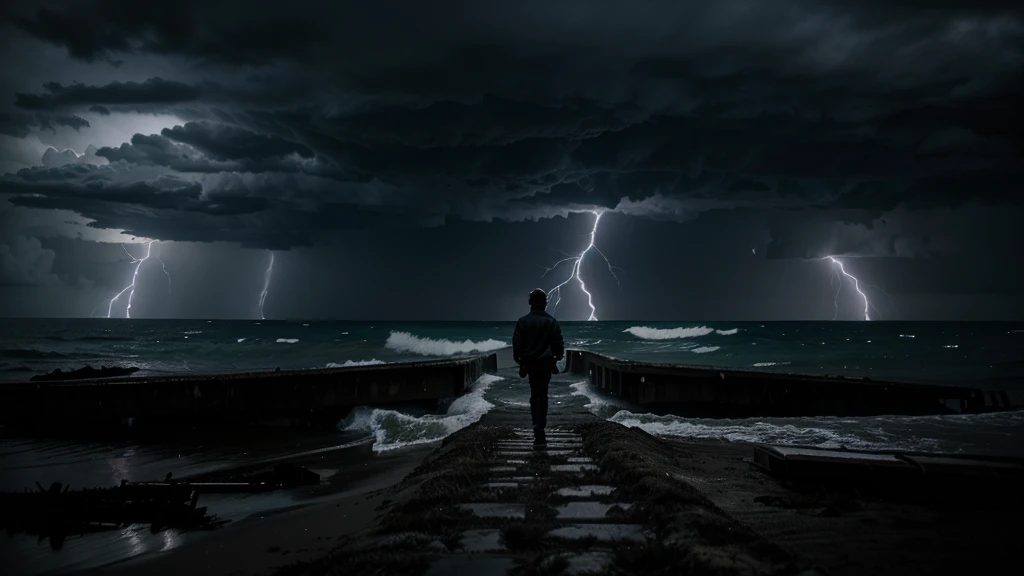 a shocking and dramatic setting. An individual is shown with his back facing a dark and stormy horizon, with threatening clouds and lightning illuminating the sky. At his feet, you can see a path full of obstacles and debris, symbolizing the challenges that stand in his way. The expression of concern on the character's face reflects the feeling of being overwhelmed by the magnitude of the challenges presented.
