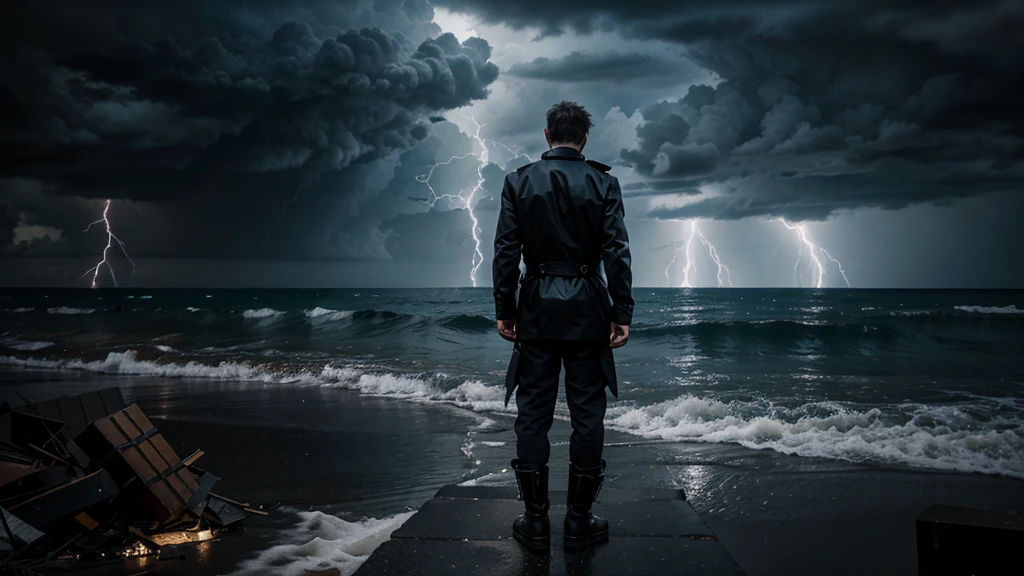 a shocking and dramatic setting. An individual is shown with his back facing a dark and stormy horizon, with threatening clouds and lightning illuminating the sky. At his feet, you can see a path full of obstacles and debris, symbolizing the challenges that stand in his way. The expression of concern on the character's face reflects the feeling of being overwhelmed by the magnitude of the challenges presented.