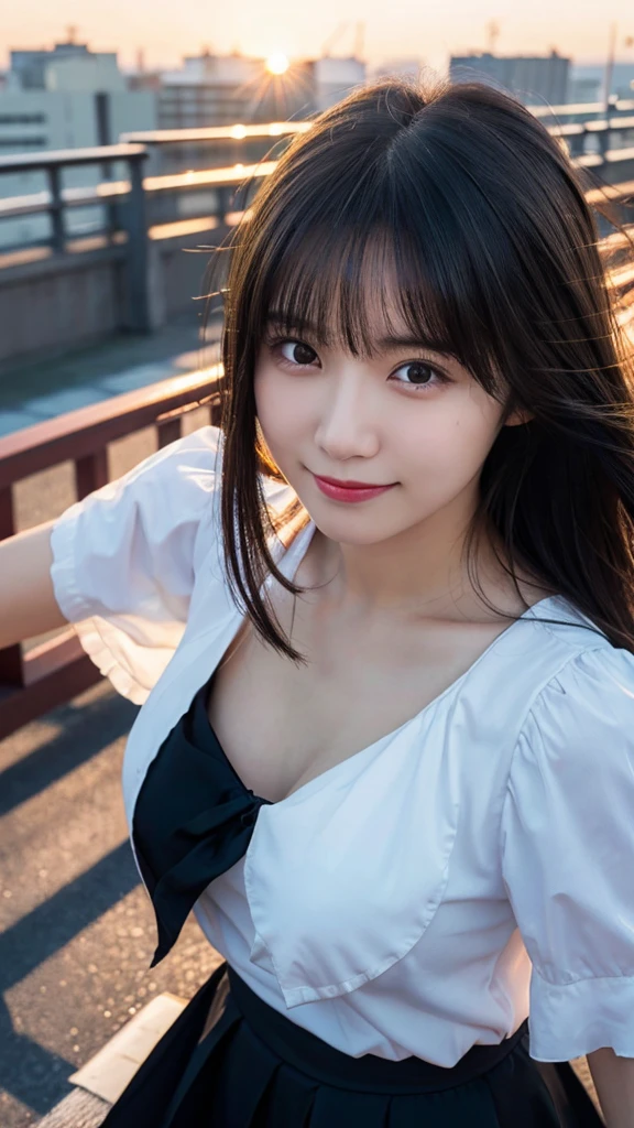 (highest quality,masterpiece:1.3,Ultra-high resolution),(Super detailed,Caustics,8k),(Photorealistic:1.4,RAW shooting),Japanese,23 years old,cute,Are standing,(A big smile),(Looking into the camera),Black Hair Middle Hair,Big Breasts,White blouse,Knee-length skirt,Strong winds,Hair blowing in the wind,Rooftop,Backlight,Sunset,Sunset sky,(Selfie),(Bust up shot),(Face Focus:1.1),(Face close up:1.1),(High Position),(High angle),Natural light
