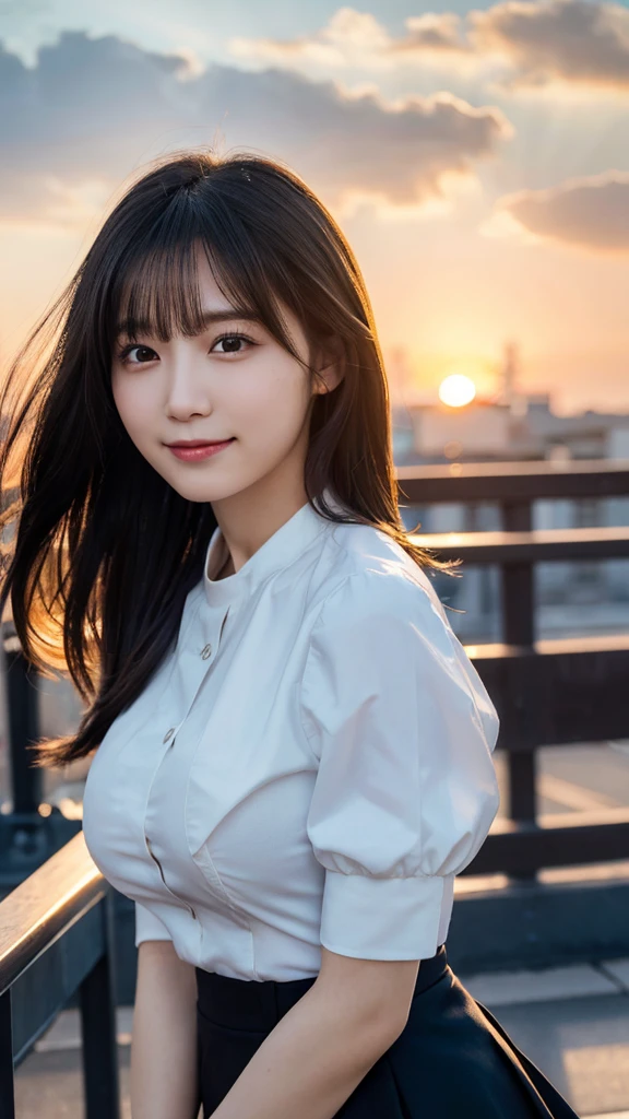 (highest quality,masterpiece:1.3,Ultra-high resolution),(Super detailed,Caustics,8k),(Photorealistic:1.4,RAW shooting),Japanese,23 years old,cute,Are standing,(smile),(Looking into the camera),Black Hair Middle Hair,Big Breasts,White blouse,Knee-length skirt,Strong winds,Hair blowing in the wind,Rooftop,Backlight,Sunset,Sunset sky,(Bust up shot),(Face Focus),(Face close up:1.1),Low position,Low - Angle,Natural light