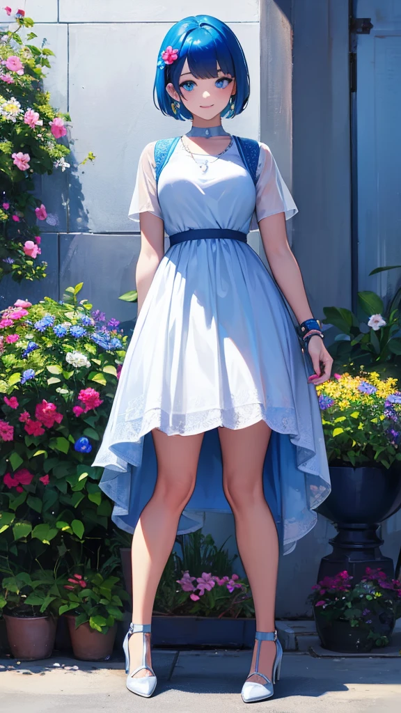 Girl, blue hair, blue eyes, short hair, flowers earrings, freckles, big  , transparent white t shirt, mini blue short, white high heels, standing, hands on back, smiling