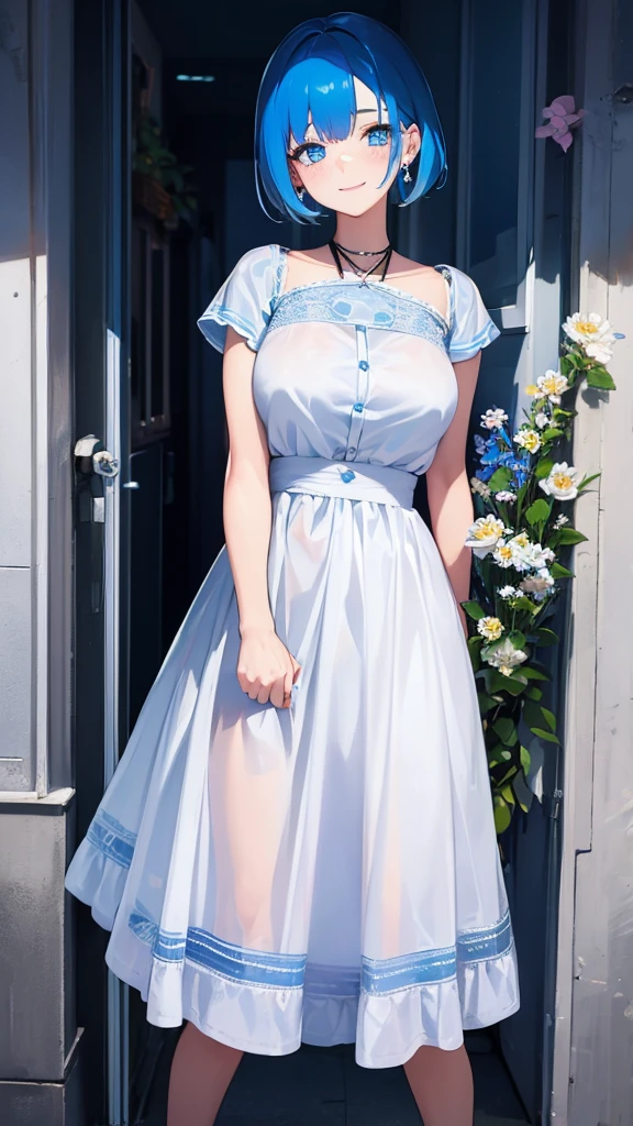 Girl, blue hair, blue eyes, short hair, flowers earrings, freckles, big  , transparent white t shirt, mini blue short, white high heels, standing, hands on back, smiling