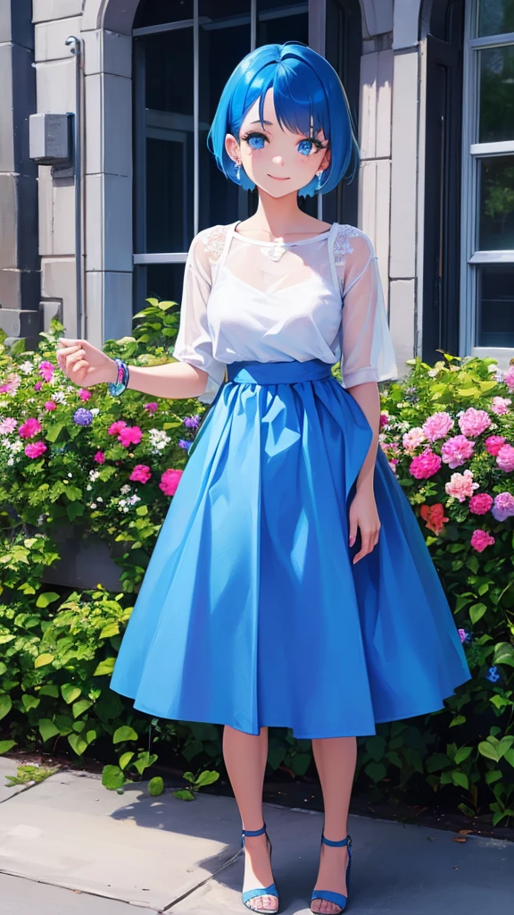 Girl, blue hair, blue eyes, short hair, flowers earrings, freckles, big  , transparent white t shirt, mini blue short, white high heels, standing, hands on back, smiling