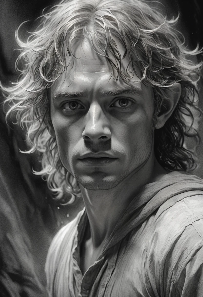 stunning black and white graphite sketch of Meriadoc Brandybuck, up close shot, from The Lord Of The Rings trilogy, in dynamic pose, by Anna Razumovskay, (by Alyssa Monks:1.1), by Joseph Lorusso, by Lilia Alvarado, beautiful lighting, sharp focus, 8k, high res, (pores:0.1), (sweaty:0.8), Masterpiece, Nikon Z9, Award - winning photograph, --ar 16:9 --style raw --stylize 750 --niji 6, perfect composition, beautiful detailed intricate insanely detailed octane render trending on artstation, 8 k artistic photography, photorealistic concept art, soft natural volumetric cinematic perfect, wide angle view