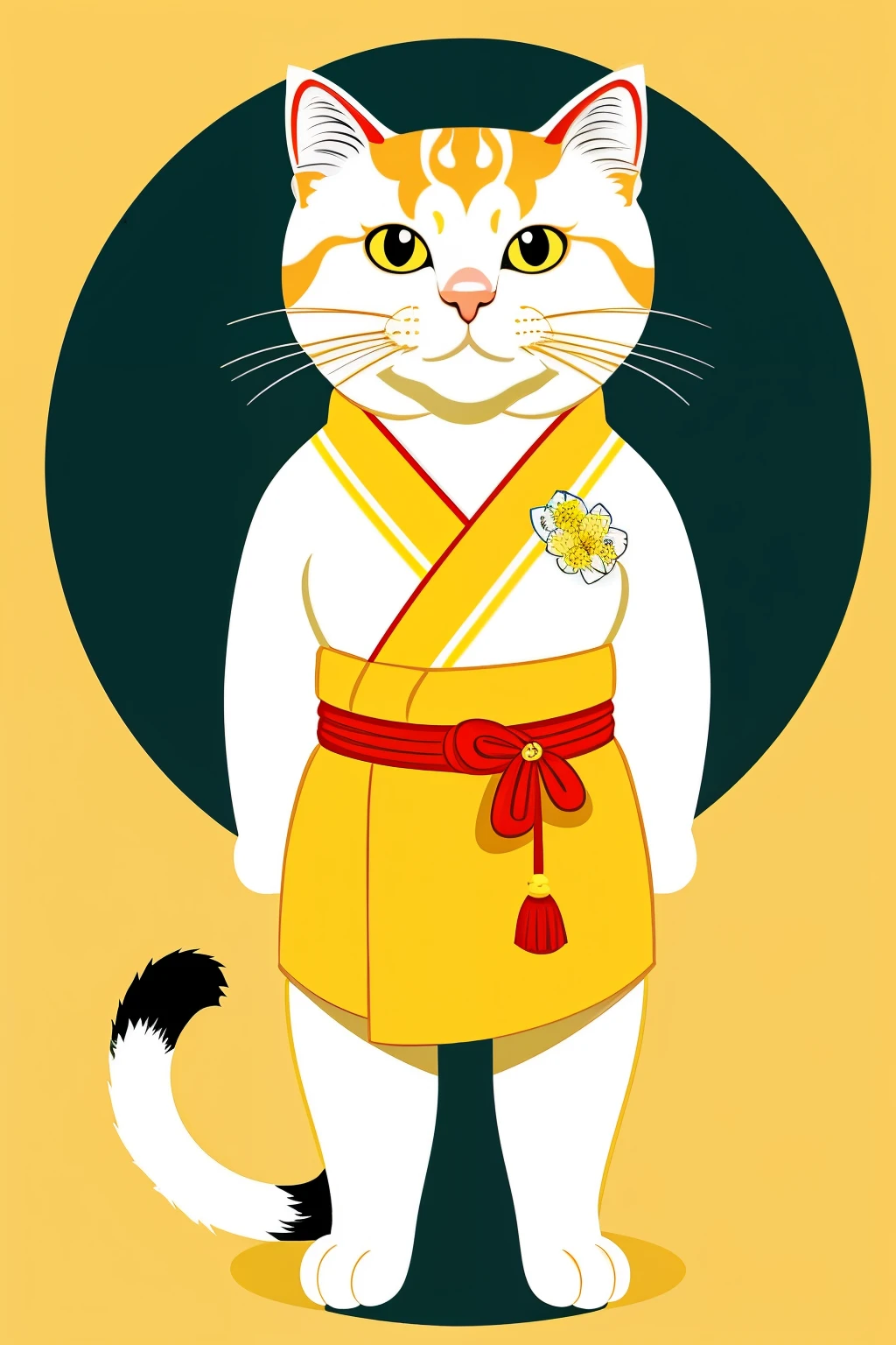 Maneki-neko. Japanese cat, which attracts good luck. tricolor cat. right paw raised up. full length. the cat is standing with its back.the cat is wearing a yellow kimono with white flowers.
