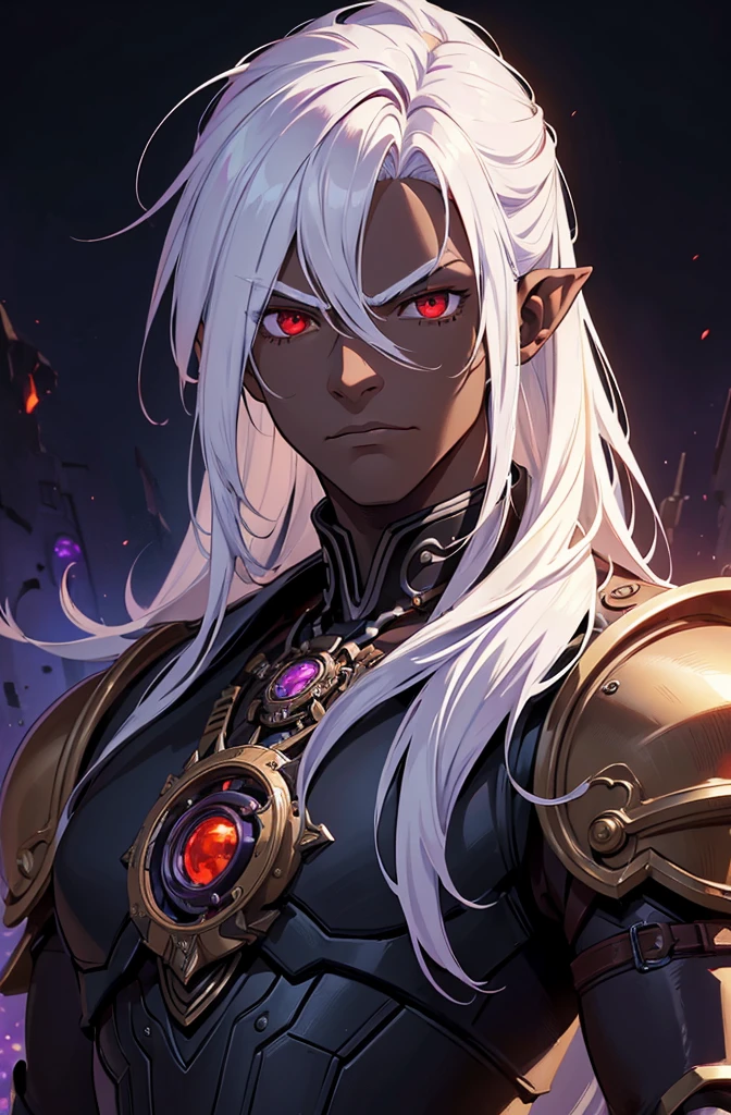 ((best quality)), ((masterpiece)), (detailed), ((boy)), ((mechanical armor)), (steampunk), (serious), dark skinned, human, upper body, portrait, red eyes, long white hair, Xemnas from Kingdom Hearts, half-drow, pointy ears, serious face, dramatic lighting, purple hue, art by Kinema Citrus