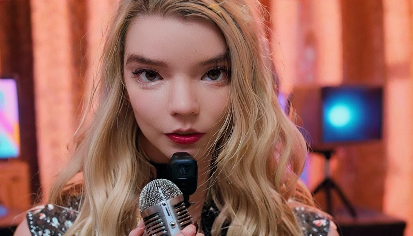 Video still image of Beautiful Anya Taylor Joy looking inside the camera, (she is an ASMR YouTuber), she is (whispering)at a profesional microphone, her hands are visible, she is touching the mic. In the background ther is colored led light in the roo, bokhe blurred. 4k image quality, 16:9 ratio, horizontal format.