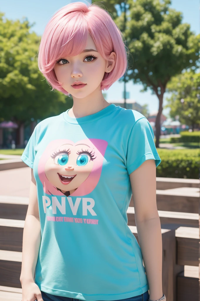 Disney Pixar style, cute girl with short pink hair with bangs, wearing cyan shirt, park, realistic, 8k