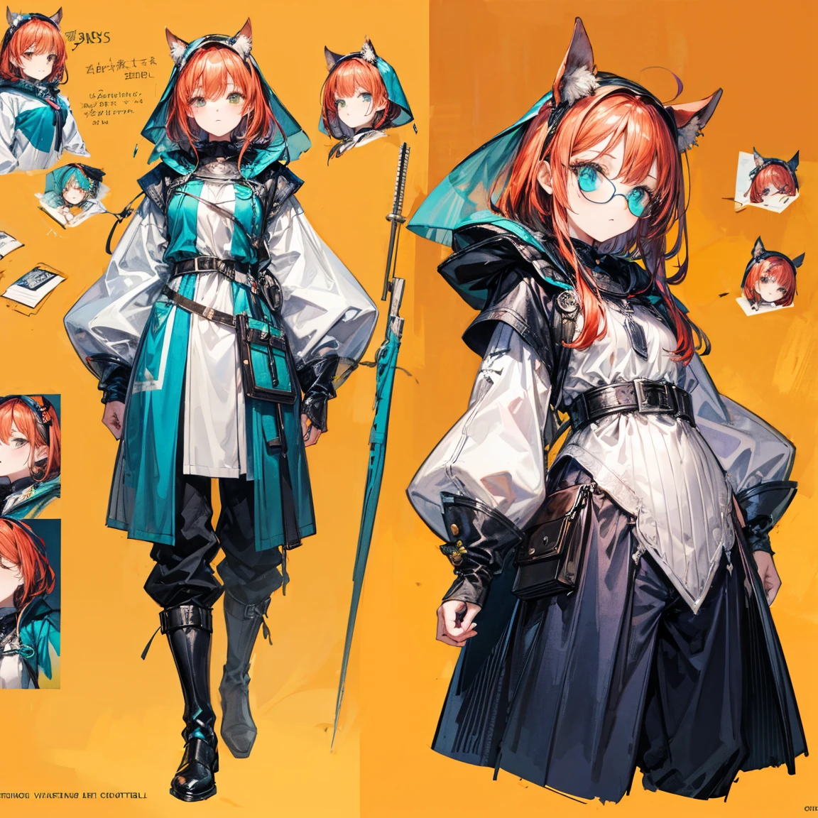 girl, Red hair, robot horse,Model sheet, character sheets, Three types,Full body shot,Game Character Design,than a small flying moon,Girl in sunglasses and beans,Victorizo ∨TSE∨,orange background, Stylistic expression, inspired by Alphonse Mucha, A lot of style, flat shading flies, Abstract art, neon colors, Neon Green, baggy clothes, ,windproof boots,baggy pants, official art, Line chart sketch, pupils in the form of symbols,Medieval heavy dress, Officer. veil, bouquet, Separating elements), watercolor,illustration,realistic,harmonious colors,daylight, vine、cowboy shot, , sleeves, trimmed with ribbons,detailed face