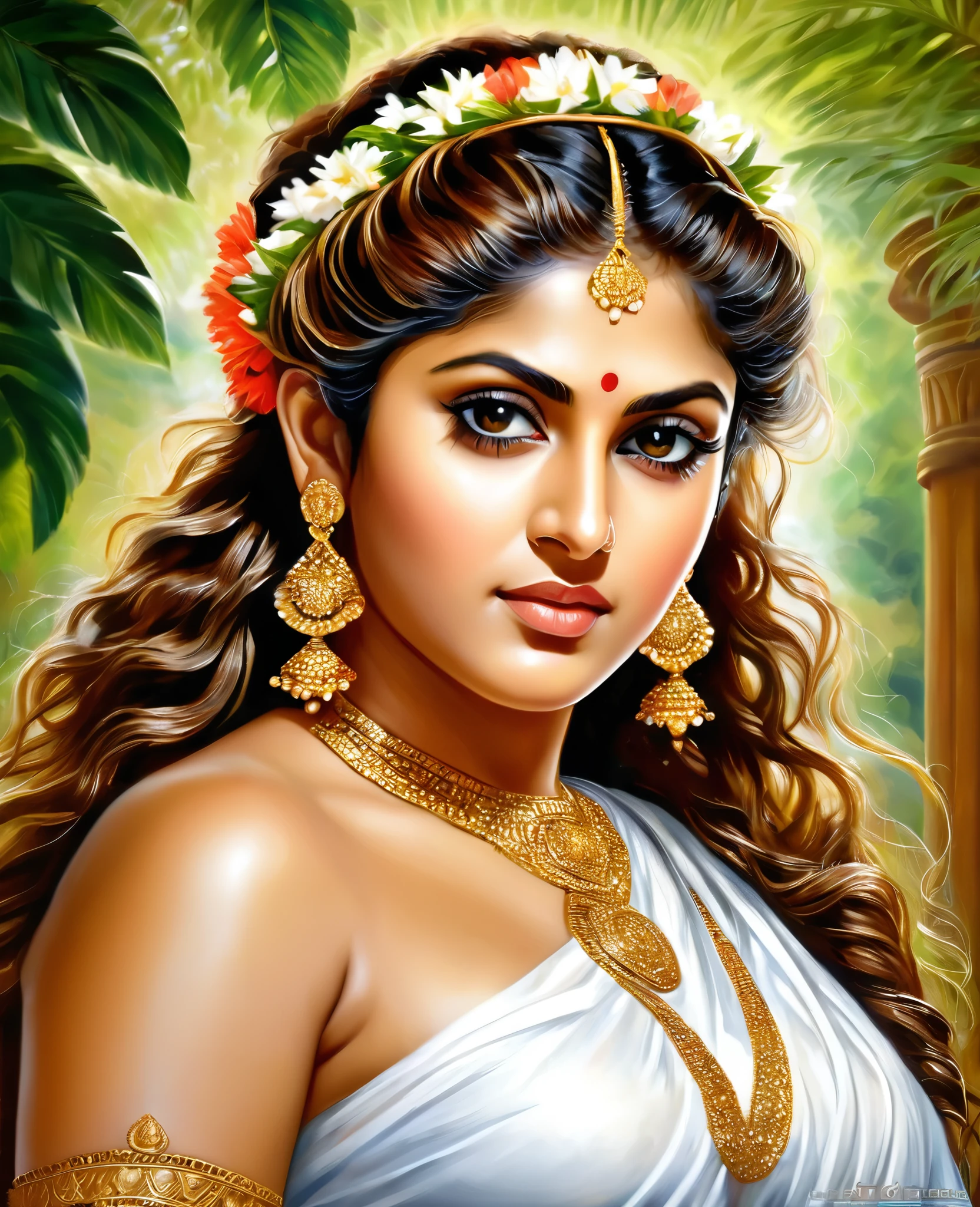 Looks like Nayanthara, exotic Indian art, oviyar maruthi style painting, Masterpiece, Beautiful Thick Woman, Best quality, high clarity eyes, critically flawless,sharp picture, Full portrait, High pixels, perfect face, perfect eyes, beautiful face, perfect hands,perfect fingers, in Peter Paul Rubens style, by Peter Paul Rubens, baroque style, acrylic on canvas, highly detailed, description: "Create a nymph inspired by the tales of Greek or Roman mythology, embodying the essence of a natural element or location, and possessing a unique ability or trait that sets her apart."