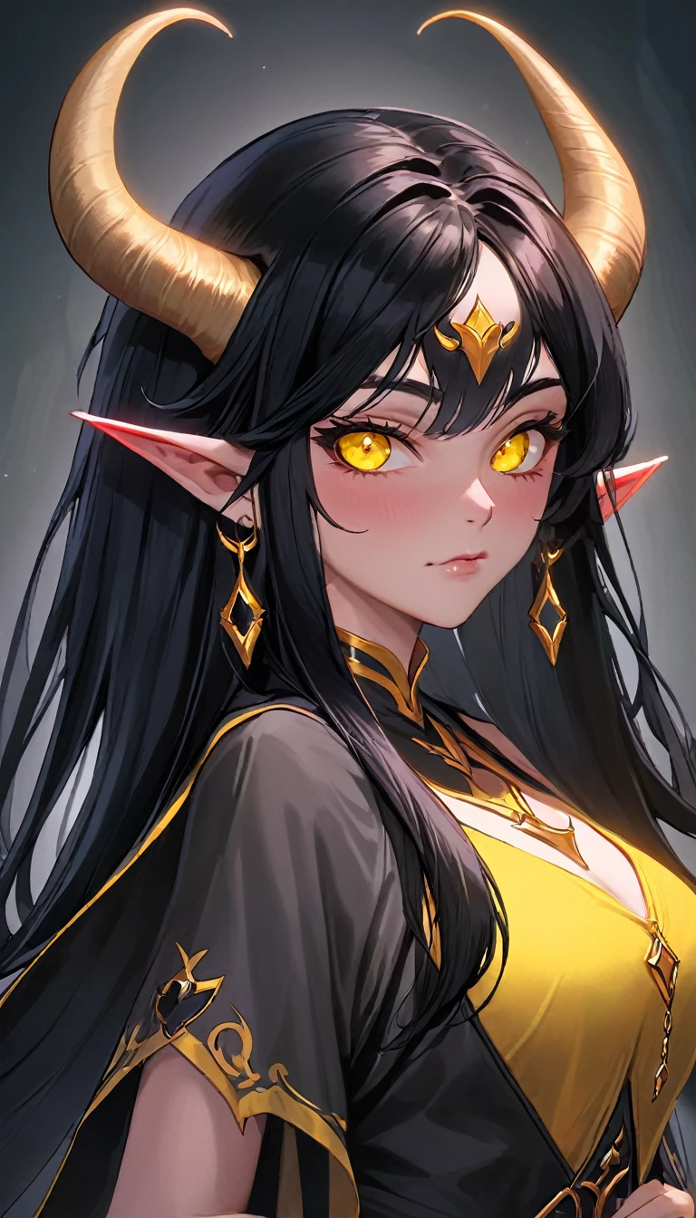 studio portrait of female demon, long black hair, rams horns, yellow eye, d&d, rpg, forgotten realms, artstation trending, high quality, sombre mood, artstation trending, , fantasy, extremely detailed, digital painting, artstation, concept art, smooth, sharp focus, illustration, stunning lighting, art by artgerm and greg rutkowski, curvy woman, mature woman, beautiful face, harmonic face, best quality, amazing expressive eyes, fantasy character, beautiful and elegant elf queen, unreal motor render, grumpy lighting, glow, bright, mysterious, mystical, magical, rim lighting, vibrant