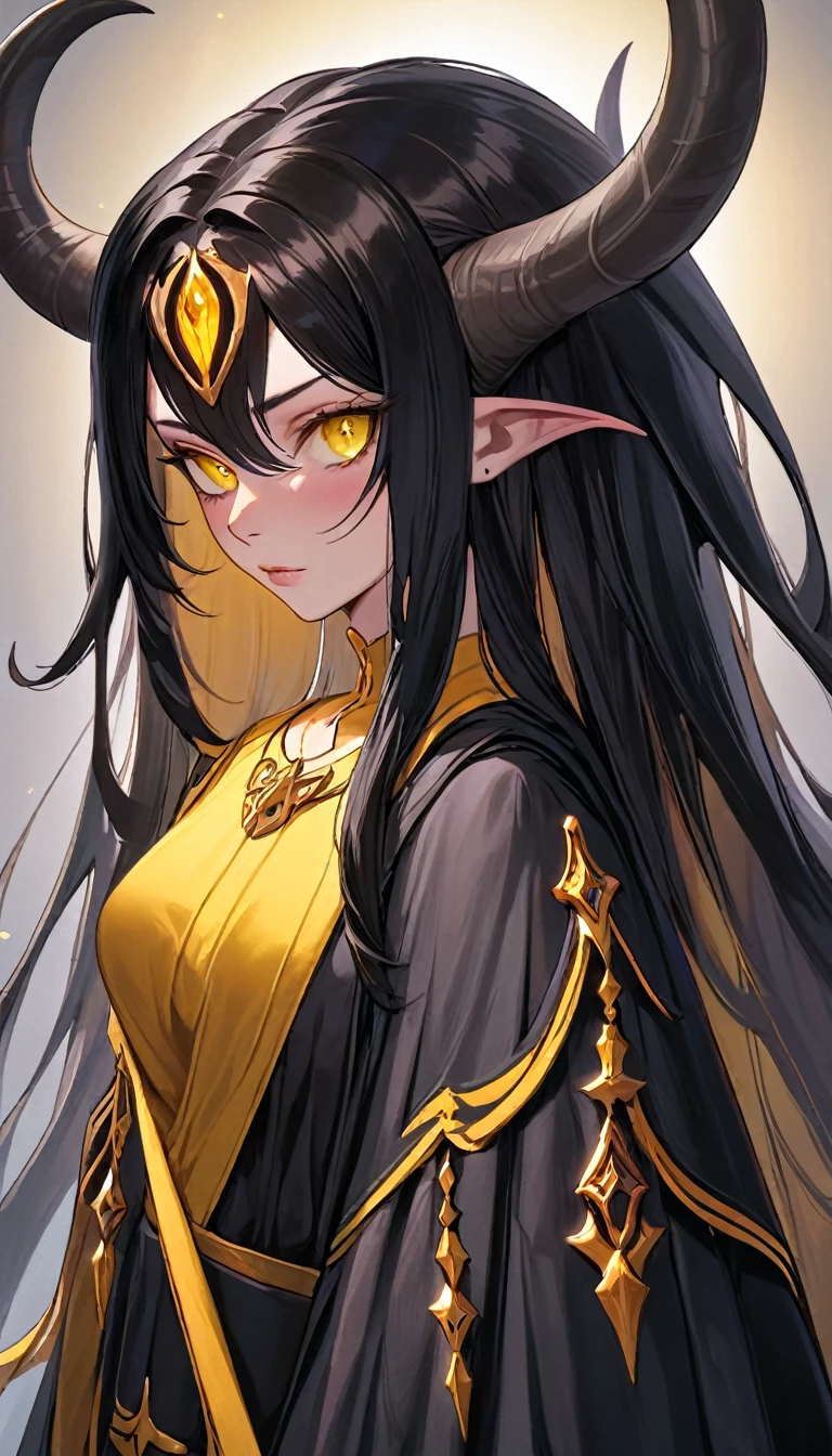 studio portrait of female demon, long black hair, rams horns, yellow eye, d&d, rpg, forgotten realms, artstation trending, high quality, sombre mood, artstation trending, , fantasy, extremely detailed, digital painting, artstation, concept art, smooth, sharp focus, illustration, stunning lighting, art by artgerm and greg rutkowski, curvy woman, mature woman, beautiful face, harmonic face, best quality, amazing expressive eyes, fantasy character, beautiful and elegant elf queen, unreal motor render, grumpy lighting, glow, bright, mysterious, mystical, magical, rim lighting, vibrant