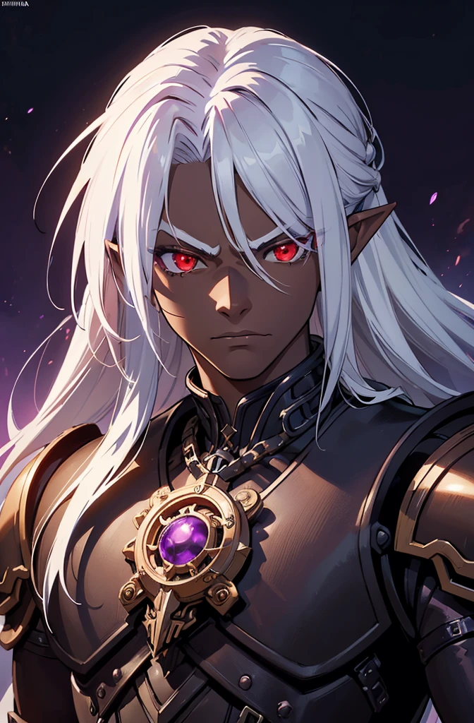 ((best quality)), ((masterpiece)), (detailed), ((boy)), ((mechanical armor)), (steampunk), (serious), dark skinned, human, upper body, portrait, red eyes, long white hair, Xemnas from Kingdom Hearts, half-drow, pointy ears, serious face, dramatic lighting, purple hue, art by Kinema Citrus