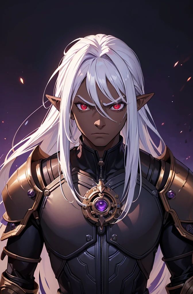 ((best quality)), ((masterpiece)), (detailed), ((boy)), ((mechanical armor)), (steampunk), (serious), dark skinned, human, upper body, portrait, red eyes, long white hair, Xemnas from Kingdom Hearts, half-drow, pointy ears, serious face, dramatic lighting, purple hue, art by Kinema Citrus