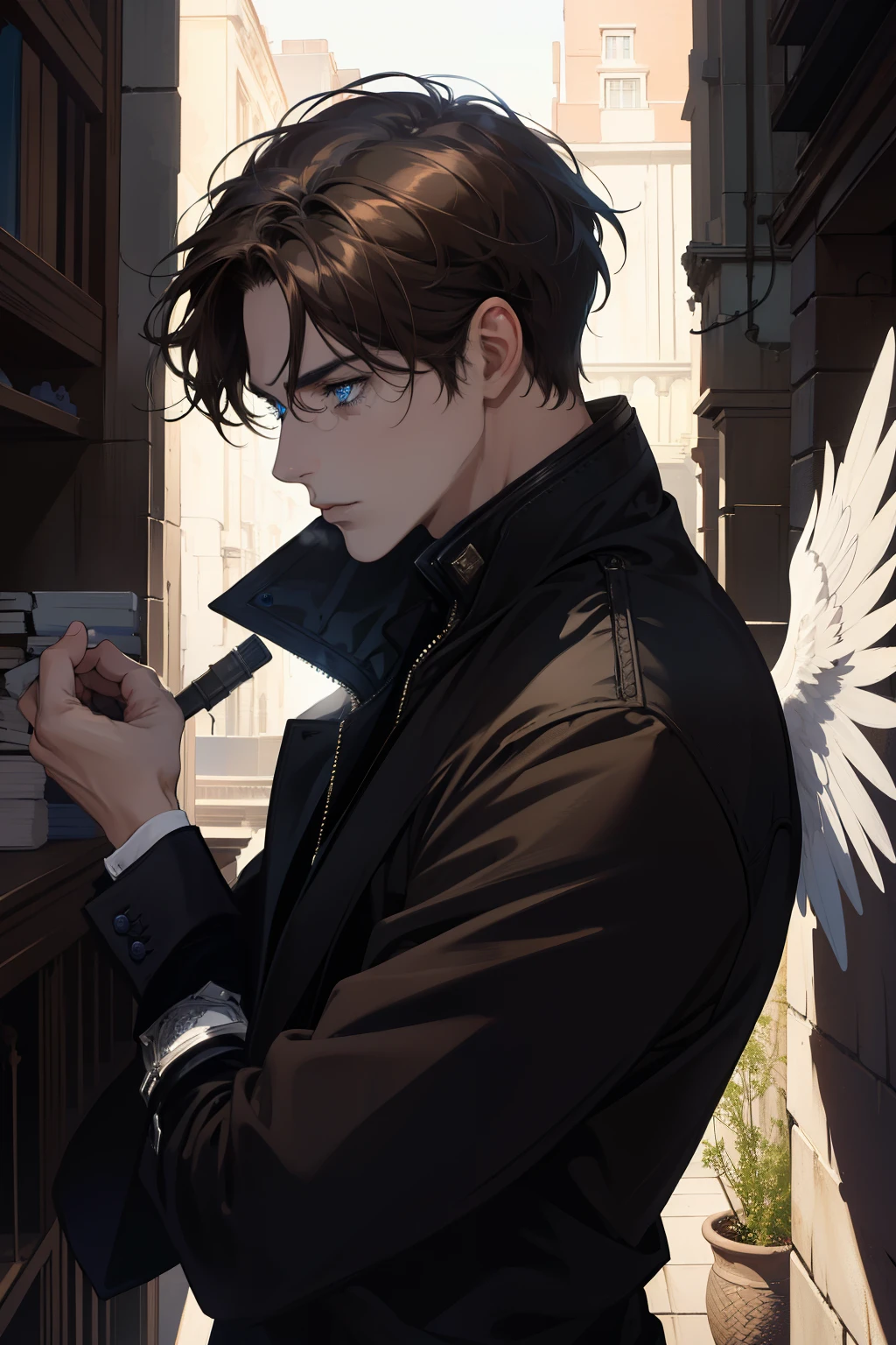 (absurderes, high resolution, ultra detaild)work of art, best qualityer, 1 men,, Dynamic light and shadow. Brown hair. blue eyes. Dark photo. Dark angel.