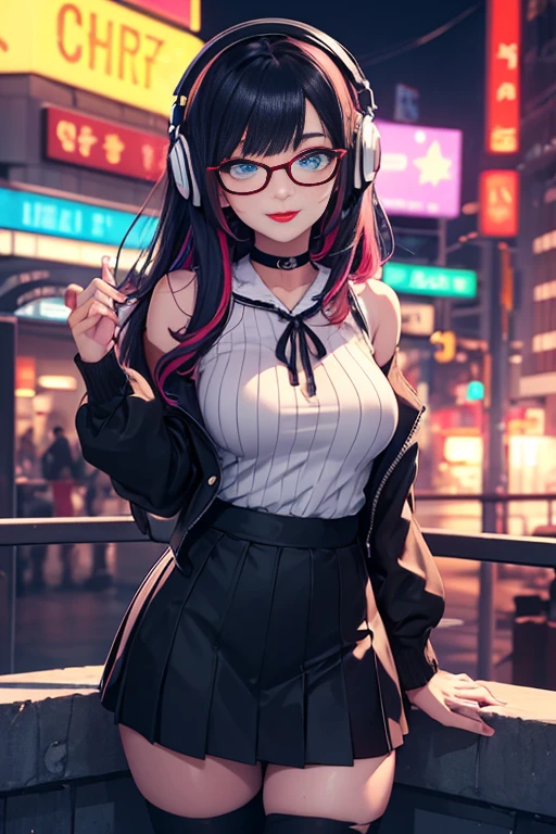 ((best quality)), ((masterpiece)), ((detailed eyes)), perfect face, female, gamer girl, (aqua eyes), ((cherry-red lips)), light smile, long black hair, purple streaks, wearing headphones, bangs, ribbon, choker, bracelet, nerdy glasses, sleeves past fingers, white off-shoulder sweater, large breasts, black skirt, thigh-highs, gamer girl's bedroom, nighttime, neon lights, colorful lights