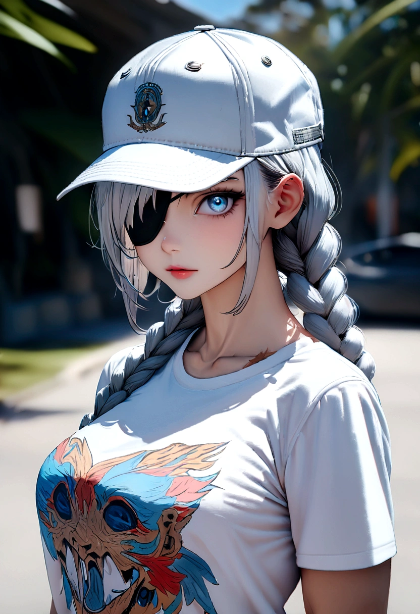 (absurdities, 8K, 4k, masterpiece, hyper extreme detailed:1.2), Alone, 1 girl, portrait, Best Quality, expressive eyes, perfect face, portrait, looking at the viewer, Alone, standing, Casual clothes, toned, by white, eye patch, braided hair, wide, medium breasts, Scars, Blue eyes, very wide, military, Bermuda, White T-shirt, toned body, athletic body, muscular, friendly, calm, graphic t-shirt, medium bust, graphic t-shirt, baseball cap,