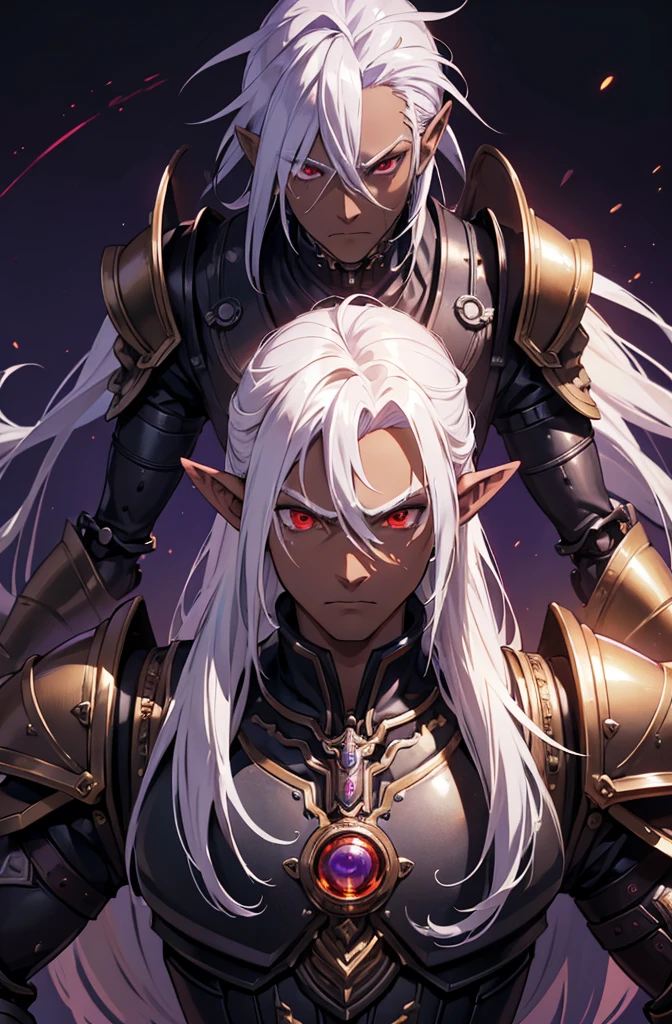 ((best quality)), ((masterpiece)), (detailed), ((boy)), ((mechanical armor)), (steampunk), (serious), dark skinned, human, upper body, portrait, red eyes, long white hair, Xemnas from Kingdom Hearts, half-drow, pointy ears, serious face, dramatic lighting, purple hue, art by Kinema Citrus