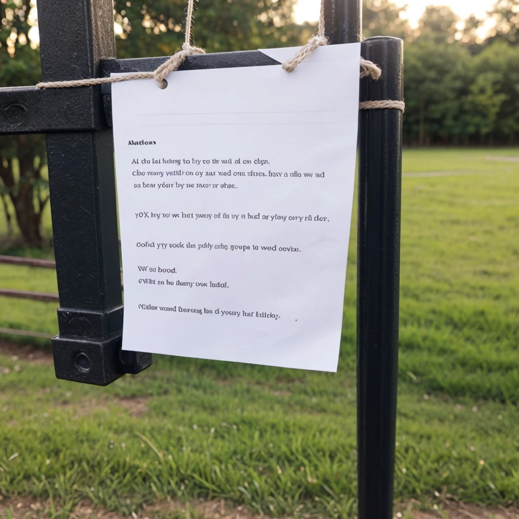 Note tied to a fence. it's night, It's dark and it's raining a lot,.