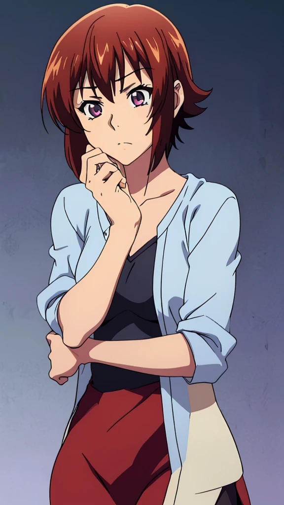 (((1 woman alone))) Beautiful woman, short hair, "kotegawa chisa" red short-sleeved jacket, medium breasts, white shirt ("pose looking at the screen with a serious expression"