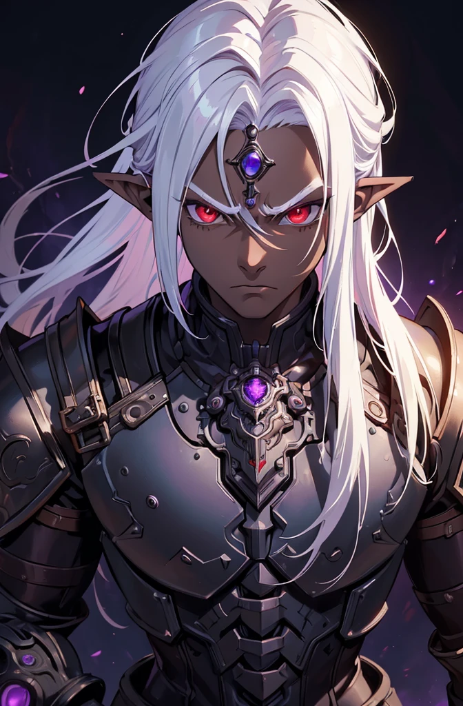 ((best quality)), ((masterpiece)), (detailed), ((boy)), ((mechanical armor)), (steampunk), (serious), dark skinned, human, upper body, portrait, red eyes, long white hair, Xemnas from Kingdom Hearts, half-drow, pointy ears, serious face, dramatic lighting, purple hue, art by Kinema Citrus