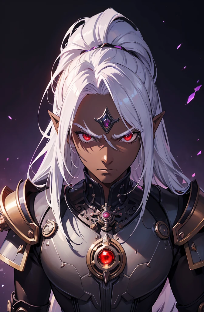 ((best quality)), ((masterpiece)), (detailed), ((boy)), ((mechanical armor)), (steampunk), (serious), dark skinned, human, upper body, portrait, red eyes, long white hair, Xemnas from Kingdom Hearts, half-drow, pointy ears, serious face, dramatic lighting, purple hue, art by Kinema Citrus

