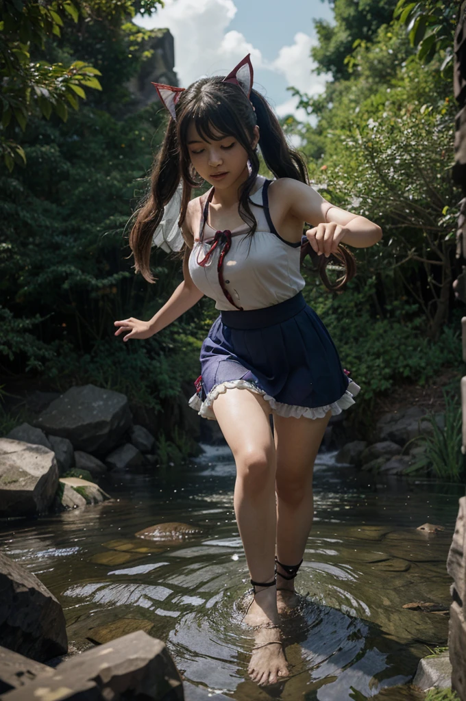 1 girl view, full body, TouHou Legend of Fairy Souls is an action game developed and published by LFCat Studio for PC. An adventure in which we control the young Reimu, which due to a curse has been transformed into Kedama, a little ball of hair, having to fight waves of enemies from an isometric perspective with both ranged attacks and hand-to-hand combat, being able to turn into different monsters, random angle.,(all realistic intricate details)