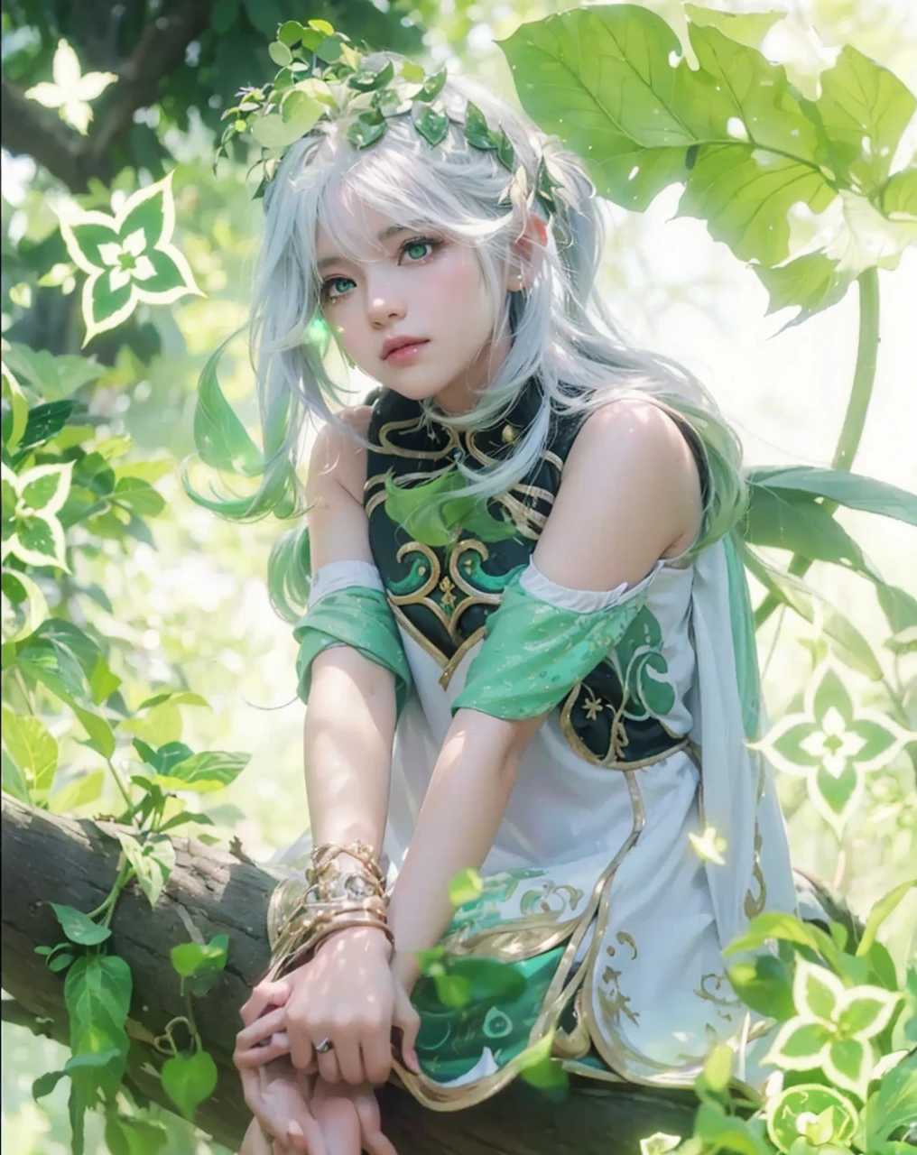 ( NAHIDA_GENSHIN IMPACT),((realistic, photorealistic)),(highlight hair)), Light reflection, (( HD )),((upper body)), (((best quality, masterpiece))), (masterpiece) (best quality) (detail) (8k) (HDR) (wallpaper) (cinematic lighting) (sharp focuasterpiece, best quality: 1.1), Real life adaption of this character, Asian teen beauty face, Shining Purple eyes, realistic outfit, realistic shadow, realistic light, realism, hyper realistic, realistic background,(photorealistic:1.2), 1girls,Background of god tree, magic plant, creeper roots, glowing, base of magic plant,Sunlight, vines on trees, flying light, elf-eared,Flying leaves, motion blur, loose hair, white hair, wind lines,fallen tree foreground blur,tree background, creeping tree roots, floating robes, floating hair, light sun, Particles light,Sitting on a tree,Green slime lands on top of head, glow effect, leaves, light particles 