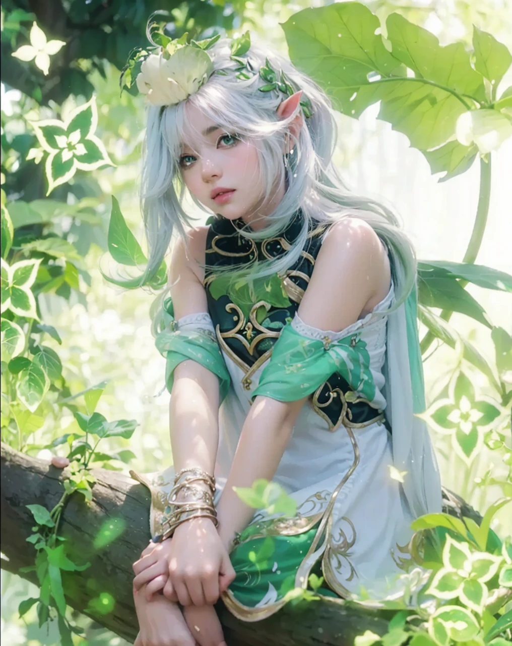 ( NAHIDA_GENSHIN IMPACT),((realistic, photorealistic)),(highlight hair)), Light reflection, (( HD )),((upper body)), (((best quality, masterpiece))), (masterpiece) (best quality) (detail) (8k) (HDR) (wallpaper) (cinematic lighting) (sharp focuasterpiece, best quality: 1.1), Real life adaption of this character, Asian teen beauty face, Shining Purple eyes, realistic outfit, realistic shadow, realistic light, realism, hyper realistic, realistic background,(photorealistic:1.2), 1girls,Background of god tree, magic plant, creeper roots, glowing, base of magic plant,Sunlight, vines on trees, flying light, elf-eared,Flying leaves, motion blur, loose hair, white hair, wind lines,fallen tree foreground blur,tree background, creeping tree roots, floating robes, floating hair, light sun, Particles light,Sitting on a tree,Green slime lands on top of head, glow effect, leaves, light particles