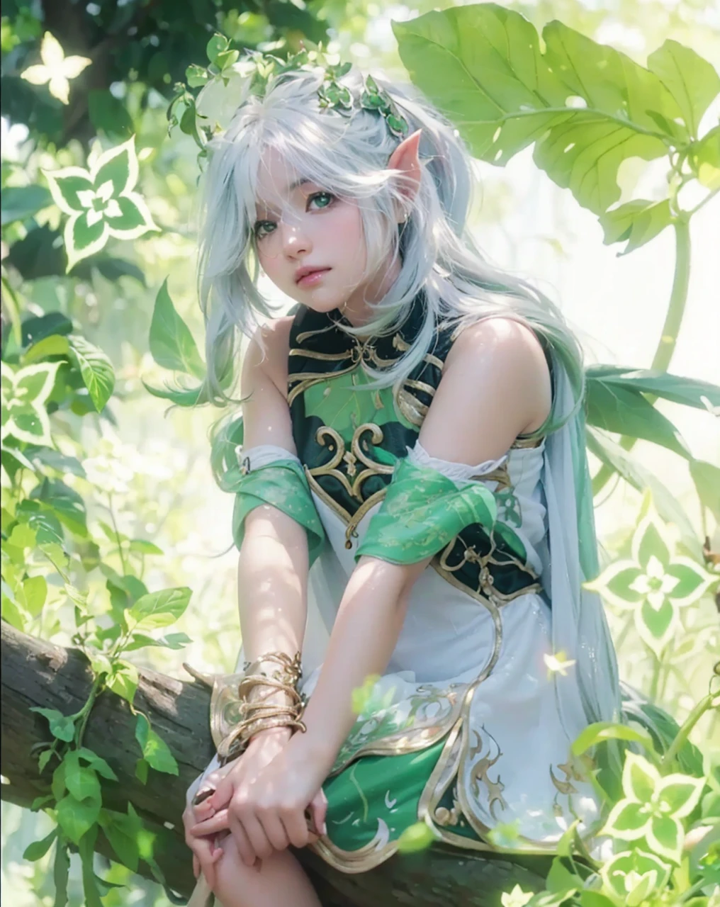 ( NAHIDA_GENSHIN IMPACT),((realistic, photorealistic)),(highlight hair)), Light reflection, (( HD )),((upper body)), (((best quality, masterpiece))), (masterpiece) (best quality) (detail) (8k) (HDR) (wallpaper) (cinematic lighting) (sharp focuasterpiece, best quality: 1.1), Real life adaption of this character, Asian beauty face, Shining Purple eyes, realistic outfit, realistic shadow, realistic light, realism, hyper realistic, realistic background,(photorealistic:1.2), 1girls,Background of god tree, magic plant, creeper roots, glowing, base of magic plant,Sunlight, vines on trees, flying light, elf-eared,Flying leaves, motion blur, loose hair, white hair, wind lines,fallen tree foreground blur,tree background, creeping tree roots, floating robes, floating hair, light sun, Particles light,Sitting on a tree,Green slime lands on top of head, glow effect, leaves, light particles