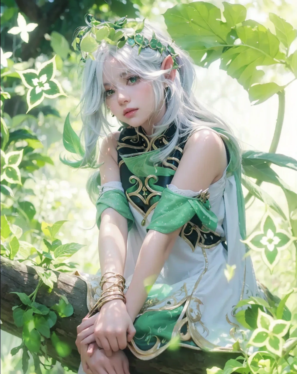 ( NAHIDA_GENSHIN IMPACT),((realistic, photorealistic)),(highlight hair)), Light reflection, (( HD )),((upper body)), (((best quality, masterpiece))), (masterpiece) (best quality) (detail) (8k) (HDR) (wallpaper) (cinematic lighting) (sharp focuasterpiece, best quality: 1.1), Real life adaption of this character, Asian teen beauty face, Shining Purple eyes, realistic outfit, realistic shadow, realistic light, realism, hyper realistic, realistic background,(photorealistic:1.2), 1girls,Background of god tree, magic plant, creeper roots, glowing, base of magic plant,Sunlight, vines on trees, flying light, elf-eared,Flying leaves, motion blur, loose hair, white hair, wind lines,fallen tree foreground blur,tree background, creeping tree roots, floating robes, floating hair, light sun, Particles light,Sitting on a tree,Green slime lands on top of head, glow effect, leaves, light particles