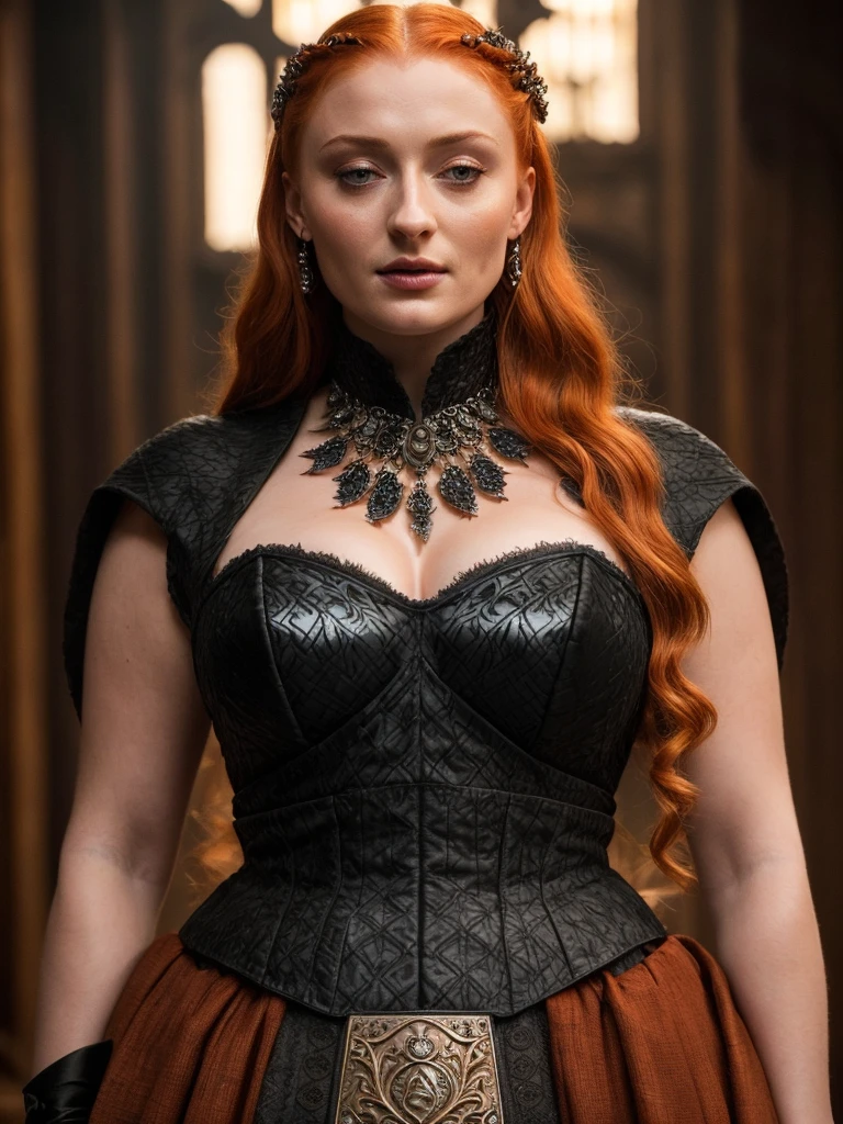 Face of Sophie Turner, Sansa Stark played by Sophie Turner, the de facto Lady of the Eyrie, is a 40-year-old mature queen with a stunning, alluring appearance. Full Face, pierced eyes, reddish lips, upper body shot, erotic Mediaeval costumes, game of thrones costumes, She wears a Game of Thrones-inspired costume and has a deep cleavage, a perfect thick body, and a perfect thick figure. The photograph captures her in a close-up, with her skin texture and facial features being ultra-realistic and realistic.