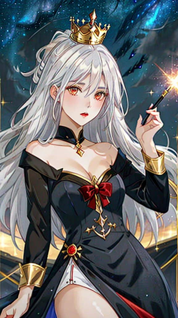 (beautfull woman), (white  hair), ( golden crown), (Eyes red), (A vampire), (black velvet dress), (series), (super verbose), (high qualiy), (flat hair), (Starry sky).