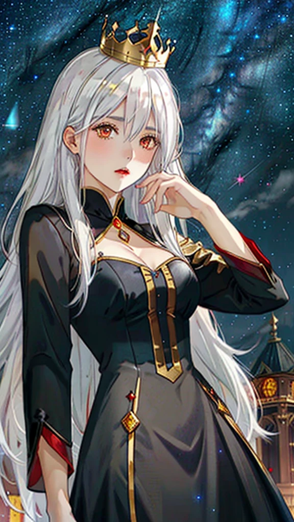 (beautfull woman), (white  hair), ( golden crown), (Eyes red), (A vampire), (black velvet dress), (series), (super verbose), (high qualiy), (flat hair), (Starry sky).