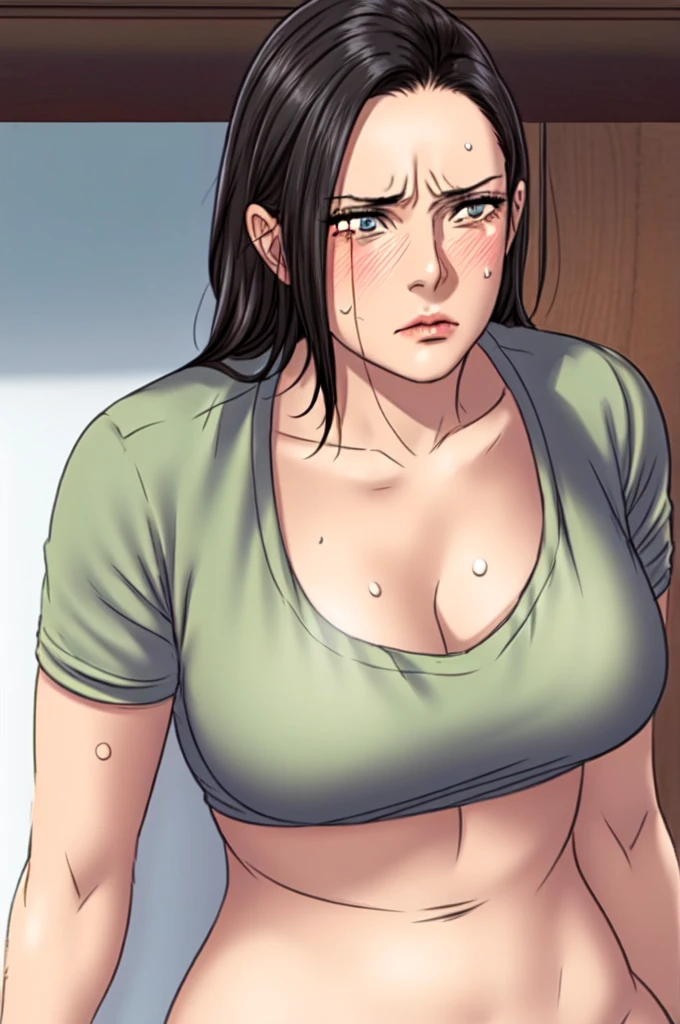 muscular black hair yellow eyes pale skin girl sad cleavage huge breasts blushing frown sweaty long straight hair long straight hair