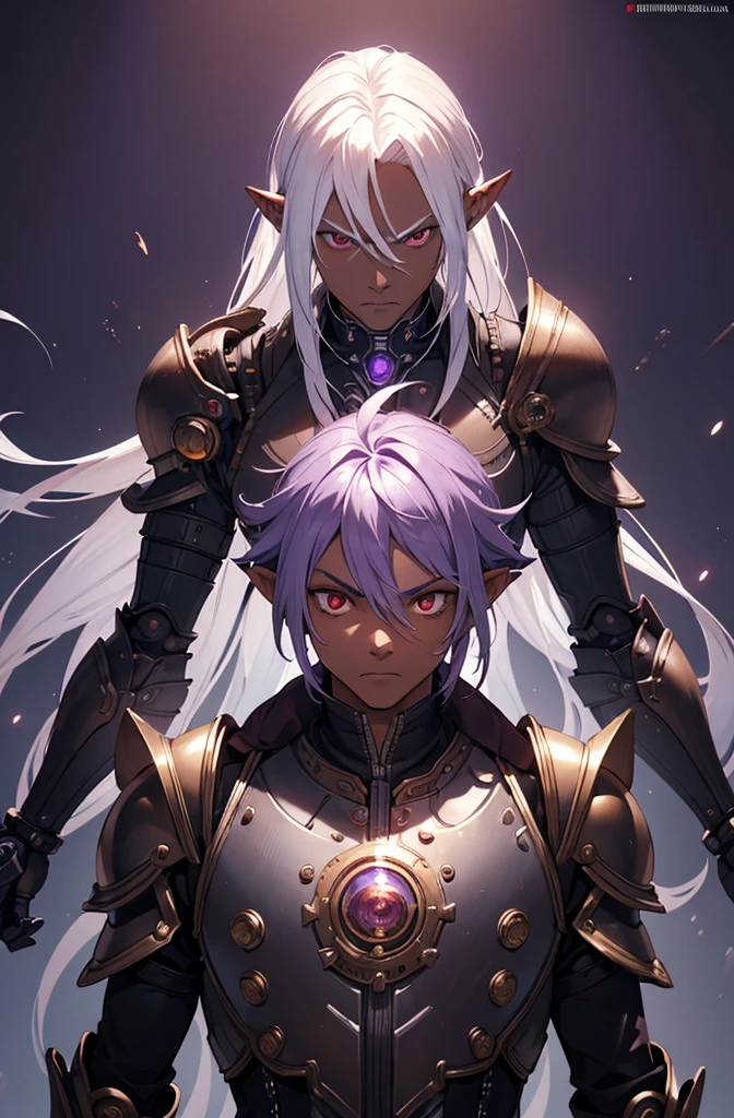 ((best quality)), ((masterpiece)), (detailed), ((boy)), ((mechanical armor)), (steampunk), (serious), dark skinned, human, upper body, portrait, red eyes, long white hair, Xemnas from Kingdom Hearts, half-drow, pointy ears, serious face, dramatic lighting, purple hue, art by Kinema Citrus
