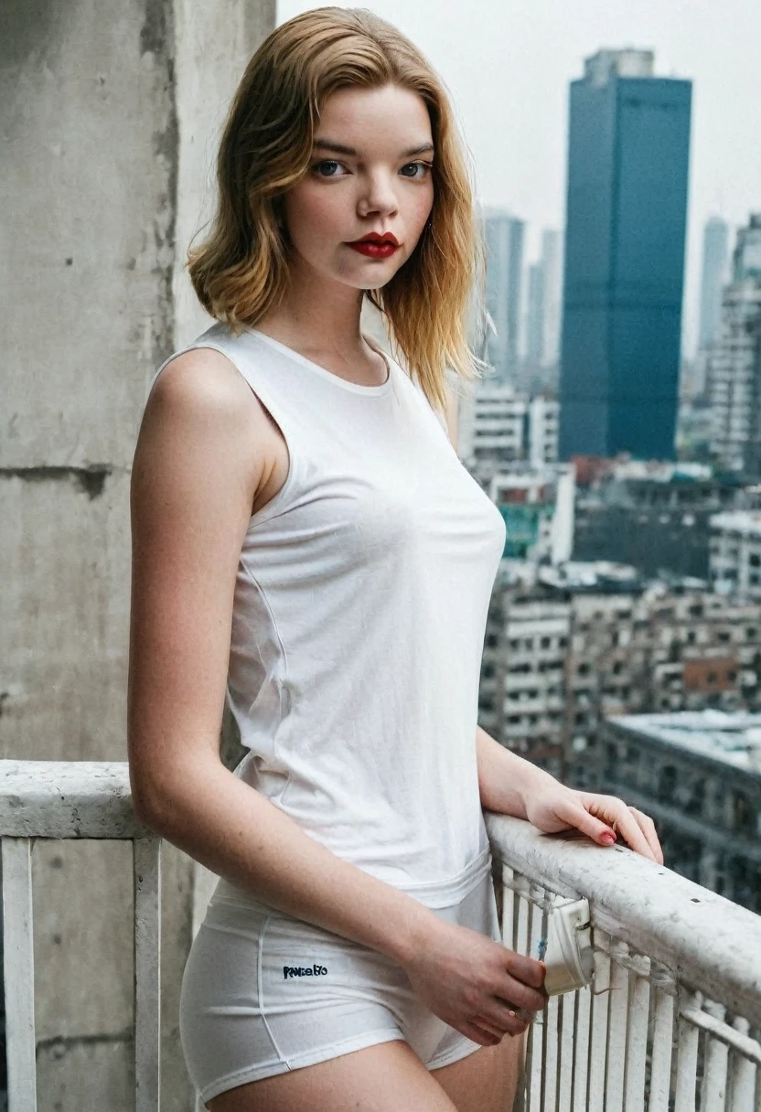 Anya Taylor Joy, white sleeveless t-shirt, white panties, leaning on the railing of a small balcony of a tall building in a dense city.perspective from above and behind, showing drab buildings, a can, a blue slipper and a plant. pink railing,perfection style, perfect detailed hands,polaroid photography 