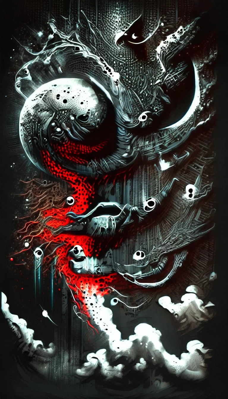 High Resolution, High Quality , Masterpiece .Hyper-realistic ink drawing with surreal colors, elements of absurdity in the style of Ross Tran featuring postal envelopes aflame as a reference to Roby Dwi Antono, letters, broken hearts, skulls, and a treble clef ascending into a starry sky, chiaroscuro lighting enhancing symbols of departed love, a moon adorned with eyes emitting an air of melancholy, atmospheric mood. 