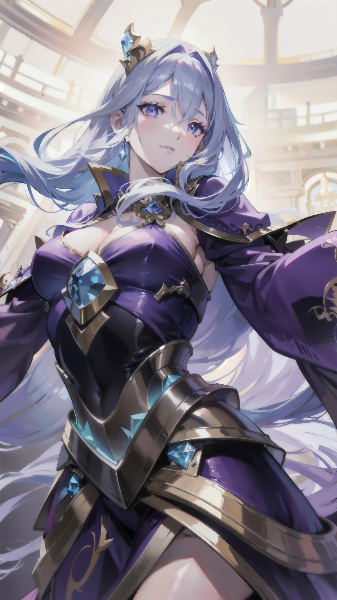 an elf mage, long lilac hair, bangs covering one eye, large breasts, exposed thighs, hair between eyes, heroic posture, lilac eyes, full body, dark blue and purple cloak, confident, fantasy, medieval, lightning magic, night, lens reflection