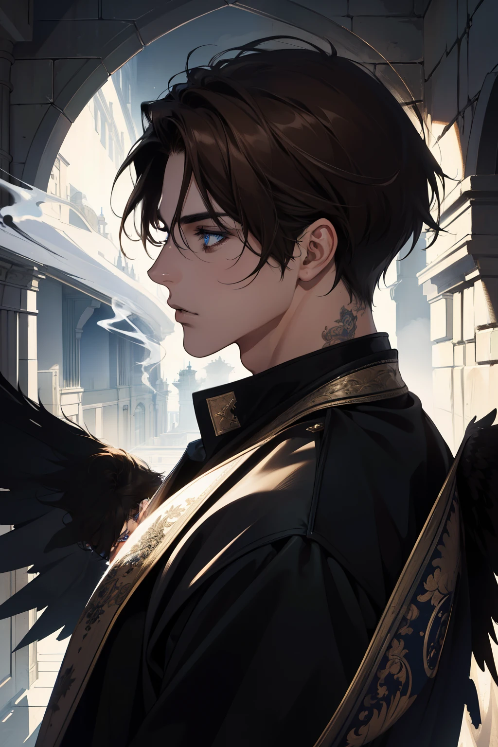 (absurderes, high resolution, ultra detaild)work of art, best qualityer, 1 men,, Dynamic light and shadow. Brown hair. blue eyes. Dark photo. black wings. Smoke.