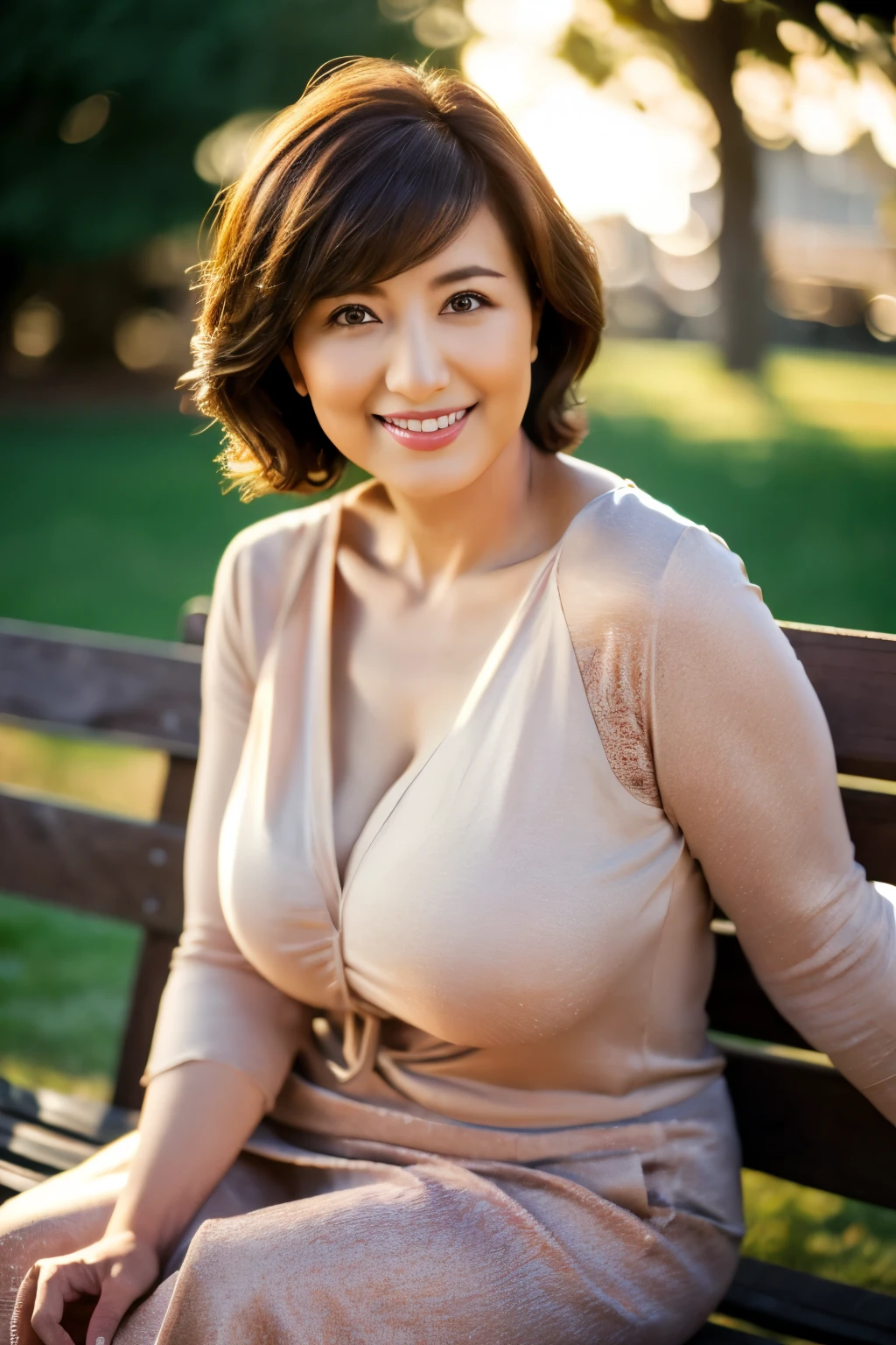 (8K, Highest quality, masterpiece: 1.2), Japanese Women, Very detailed, Highest quality, Ultra-high resolution, Professional Lighting, Photon Mapping, Radio City, Physically Based Rendering, Cinema Lighting, Written boundary depth, I focus, Light of the sun, Good composition, (Bokeh: 1.2), 1 female, (whole body), Bright smile, Beautiful Eyes, , Brown Hair, short hair,, Sitting on a park bench, Background Blur,,Mature Woman,D cup breasts,Accentuate your breasts